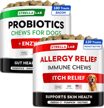 Allergy Relief + Probiotics Dogs Bundle - Itchy Skin Treatment + Digestive Enzymes - Omega 3 & Pumpkin + Prebiotics - Dogs Itching & Licking Treats + Improve Digestion - 400 Chews - Made In Usa