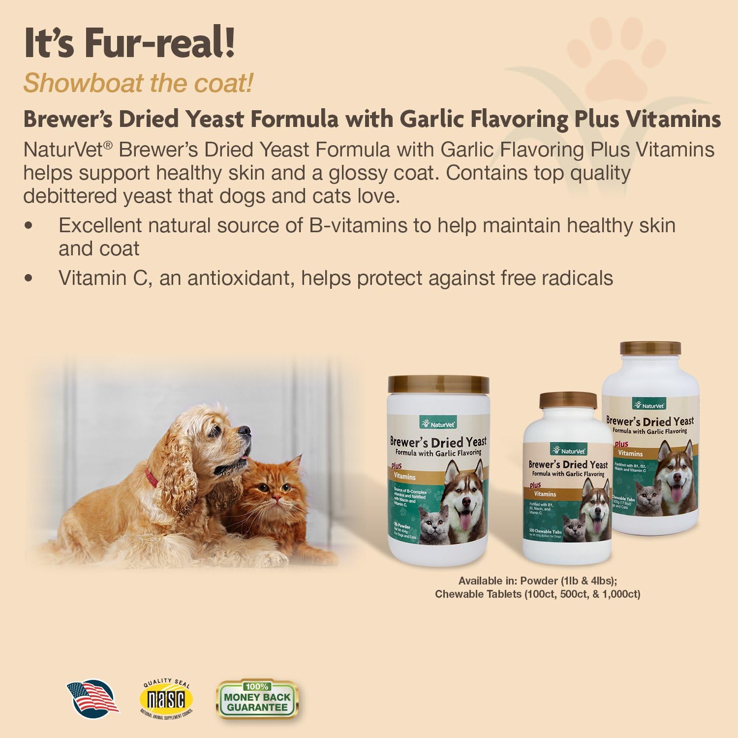 NaturVet Brewers Dried Yeast Formula with Garlic Flavoring Plus Vitamins for Dogs and Cats, Chewable Tablets, Made in The USA with Globally Source Ingredients 1000 Count : Pet Supplements And Vitamins : Pet Supplies