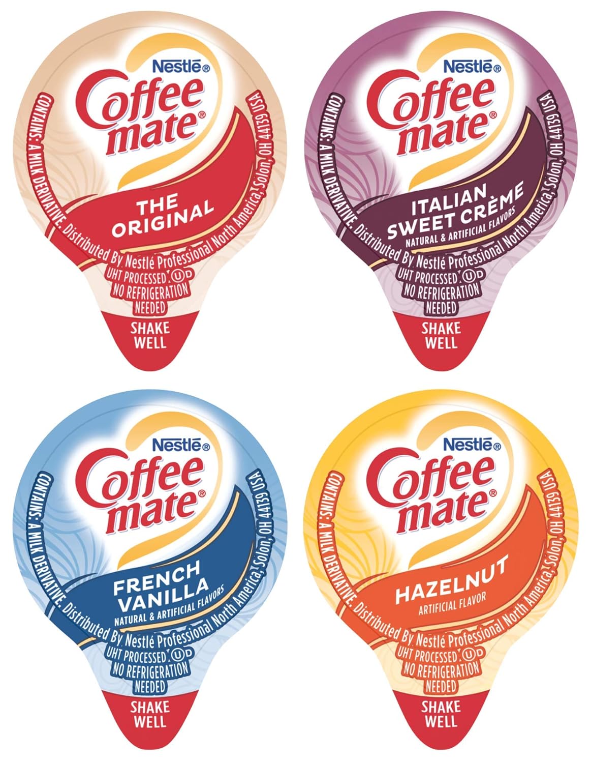 Coffee mate Liquid .375oz Variety Pack (4 Flavor) 100 Count includes Original, French Vanilla, Hazelnut, Italian Sweet Crème & By The Cup Sugar Packets