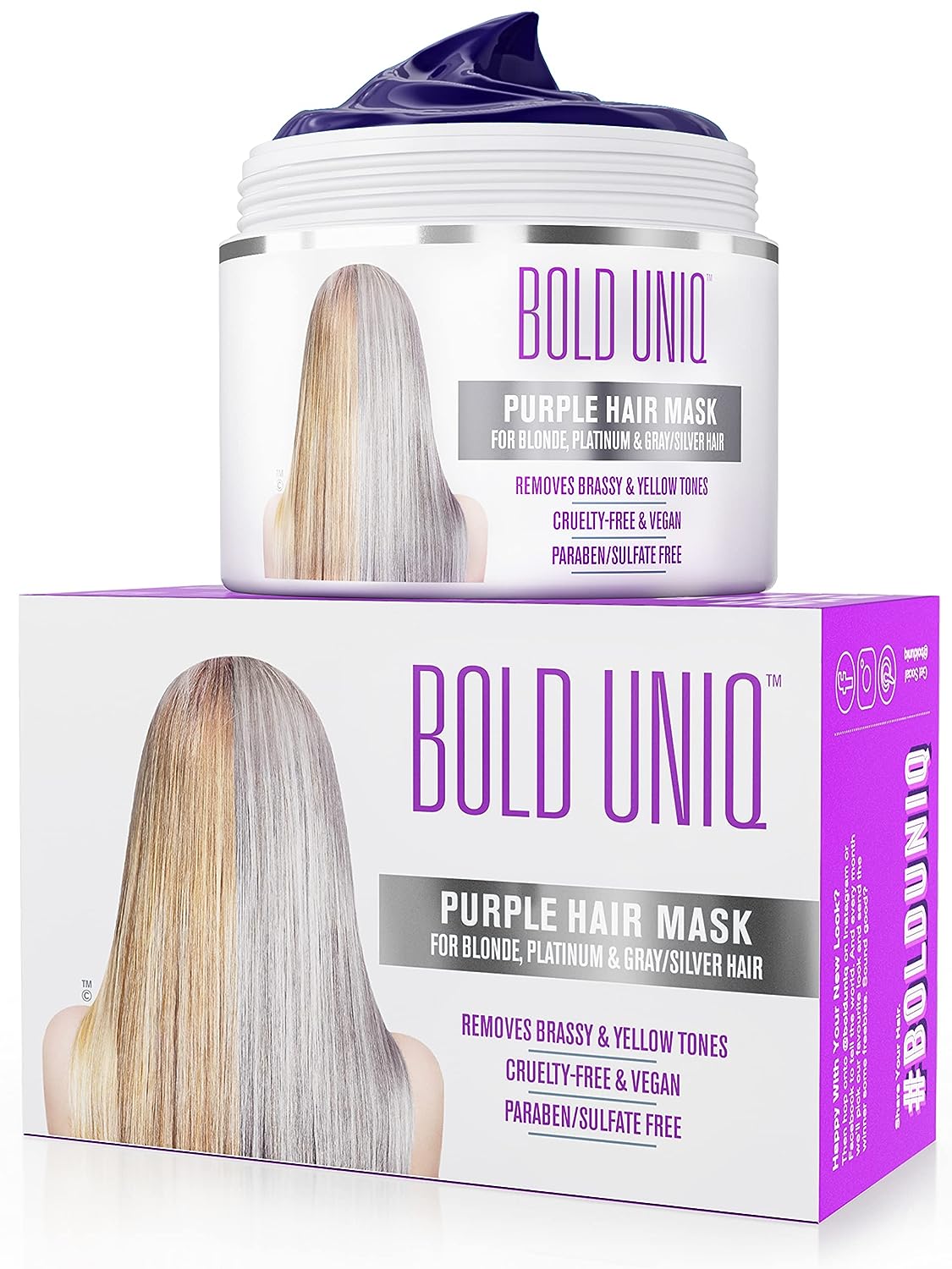 Bold Uniq Purple Hair Mask - Toner for Blonde, Platinum, Bleached, Silver, Gray, Ash & Brassy Hair -Remove Yellow Tones, Reduce Brassiness & Condition Dry, Damaged Hair -Cruelty Free & Vegan -6.76oz