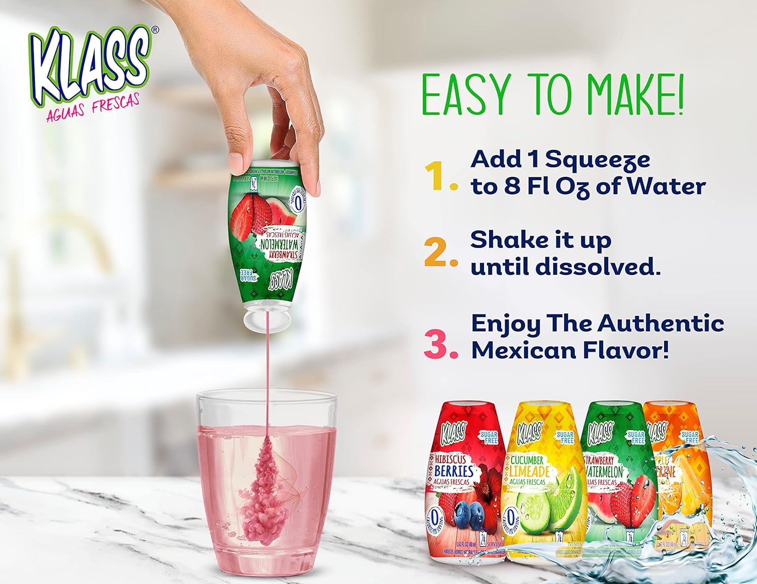 Liquid Water Enhancer | Klass Aguas Frescas | Sugar-Free Naturally Flavored Strawberry Watermelon | Keto Friendly |1.62 Oz Pack Of 4 (Makes 24 Servings Each) 0 Calories Per Serving
