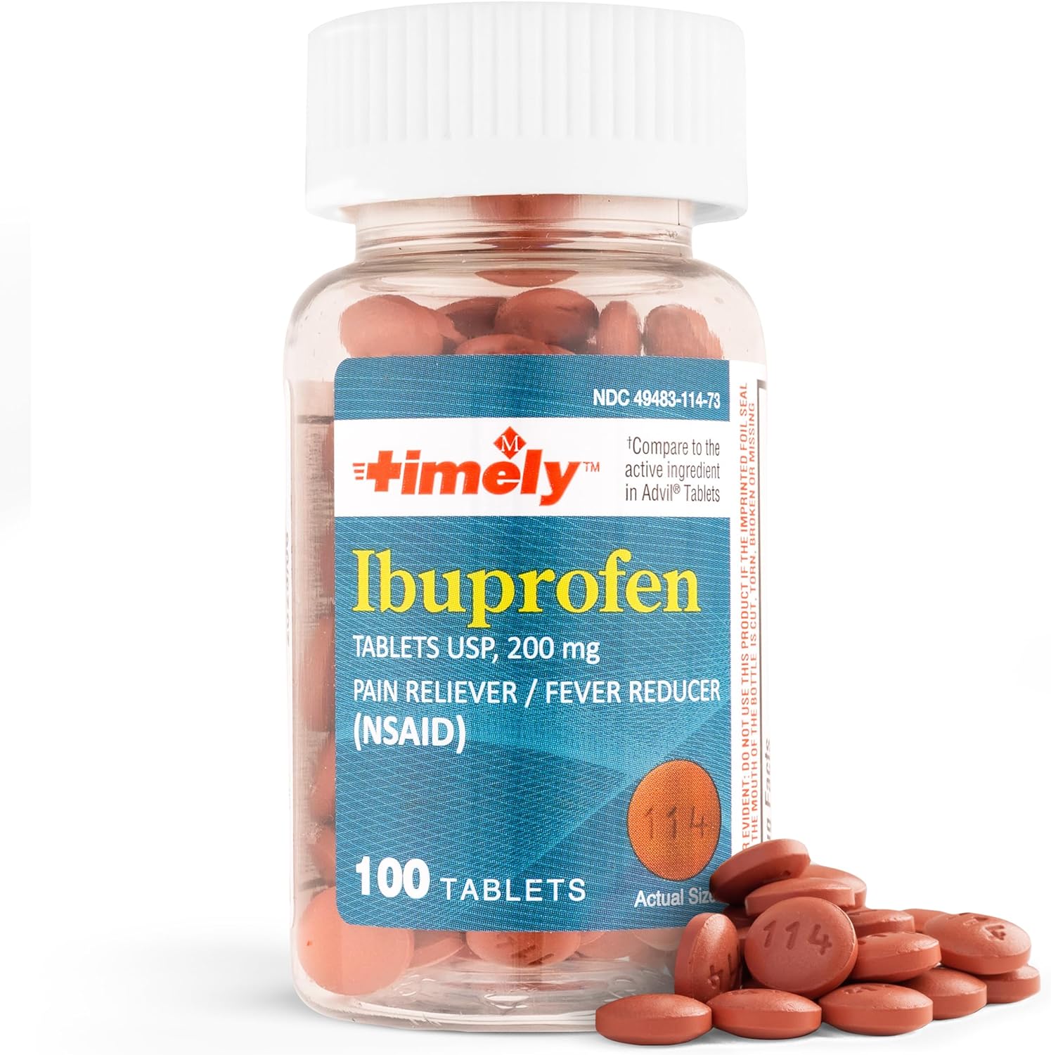 Timely Ibuprofen 200mg 100 Tablets - Compared to Advil Tablets - Pain Relief Tablets and Fever Reducer - for Headache Relief, Menstrual Pain, Tooth Aches Muscular Aches, Arthritis Pain & Body Aches