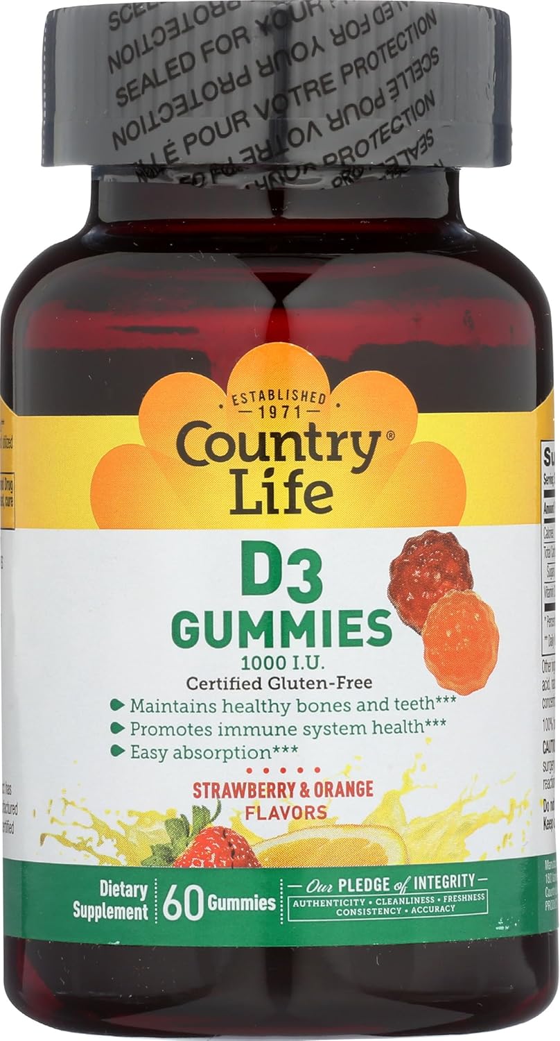 Country Life Strawberry & Orange D3 Gummies, 60 Ct