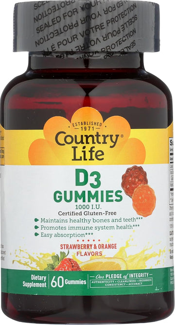 Country Life Strawberry & Orange D3 Gummies, 60 Ct