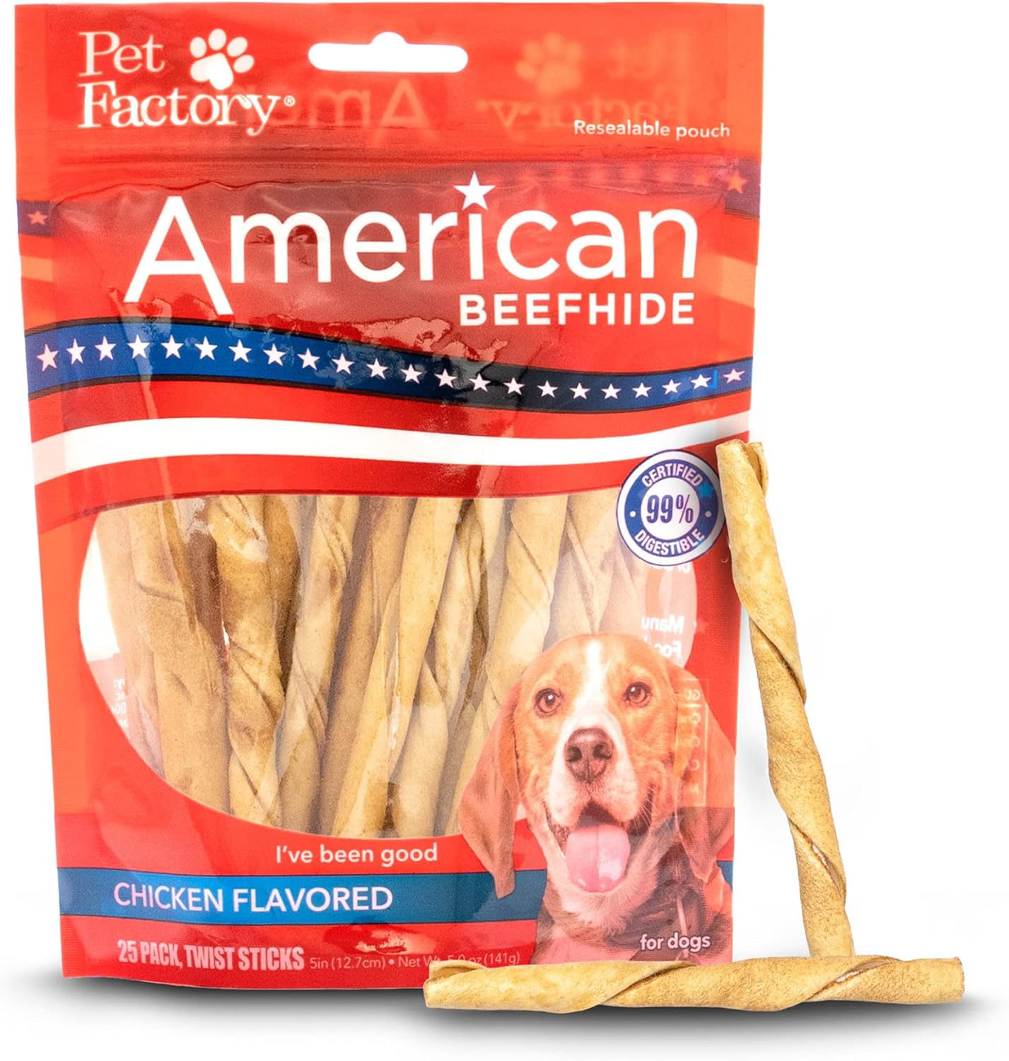 Pet Factory American Beefhide 5" Twist Sticks Dog Chew Treats - Chicken Flavor, 25 Count/1 Pack