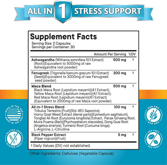 NEW AGE Ashwagandha 5000mg Maca Root 5000mg Fenugreek 3000mg Supplement with Tongkat Ali Ginseng - Assists with Overal Mood - Made in USA - 120 Count