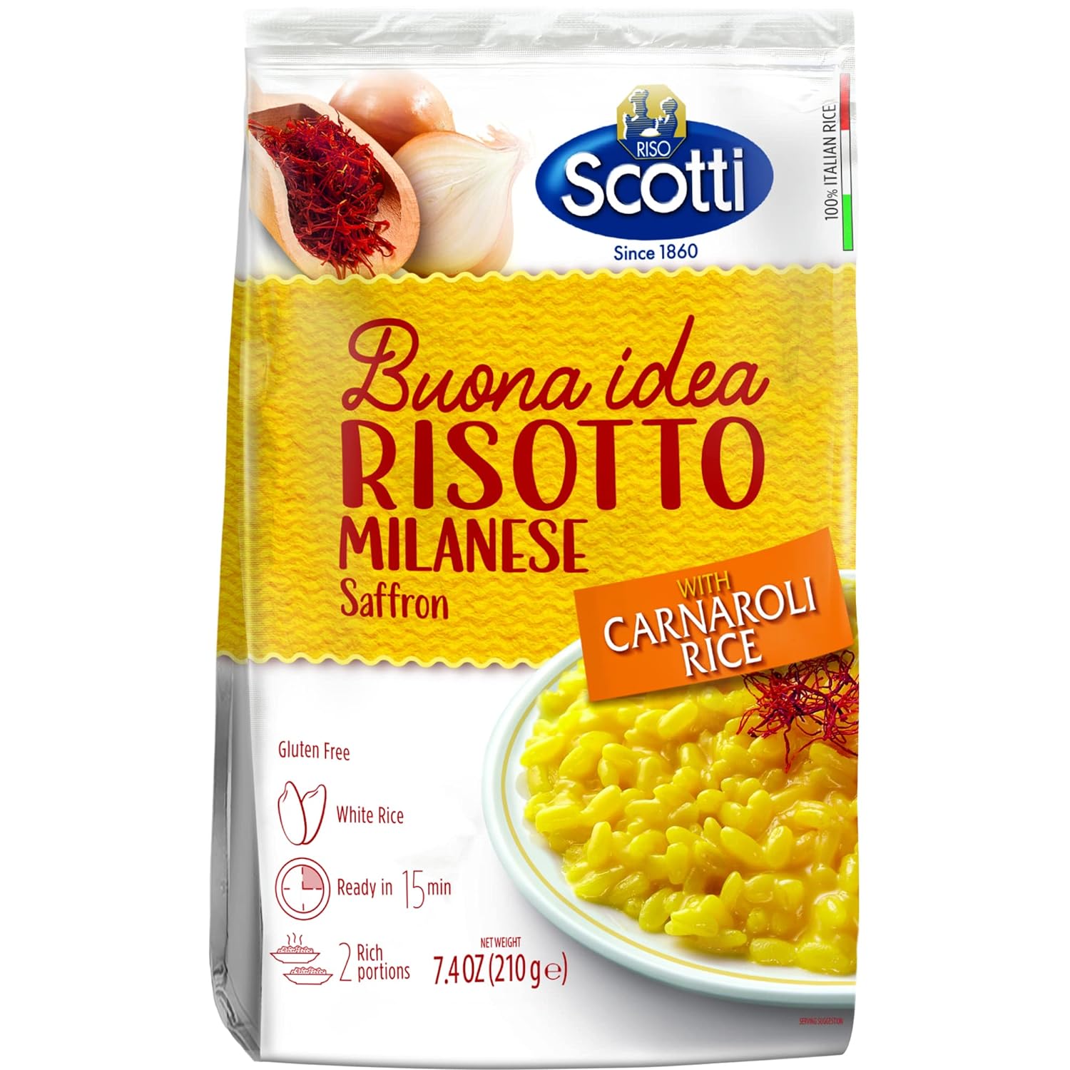 Milanese with Saffron, Riso Scotti, Carnaroli Rice, Easy to Cook, Italian Risotto, Just add water, Includes Instructions 7.4 oz, 2-3 servings