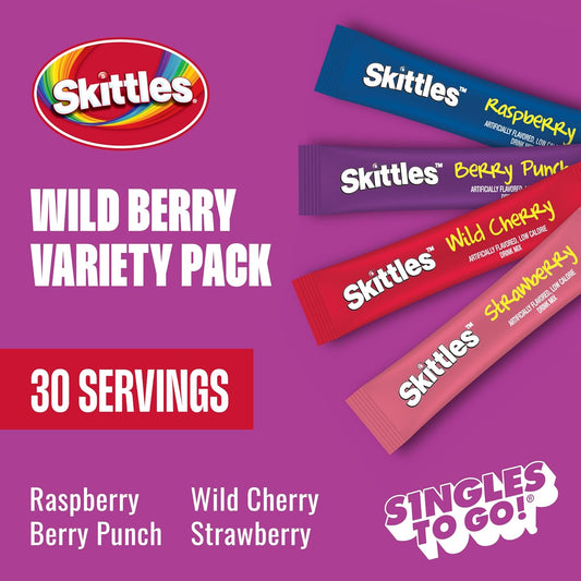 Skittles Singles To Go Wild Berry Variety Pack, Watertok Powdered Drink Mix, Zero Sugar, Low Calorie, Includes 4 Wild Berry Flavors, 1 Box (30 Single Servings)