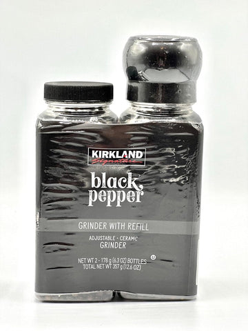 Kirkland Signature Whole Black Peppercorns, Adjustable Ceramic Grinder. 6.3 oz (Pack of 2)