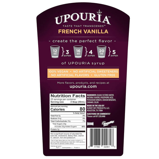 Upouria French Vanilla Coffee Syrup Flavoring, 100% Vegan, Gluten Free, Kosher, 750 mL Bottle - Coffee Syrup Pump Included