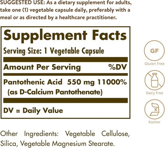 Solgar Pantothenic Acid 550 Mg, 100 Vegetable Capsules - Vitamin B5 - Energy Metabolism, Nervous System Support - Gluten Free, Dairy Free, Kosher - 100 Servings