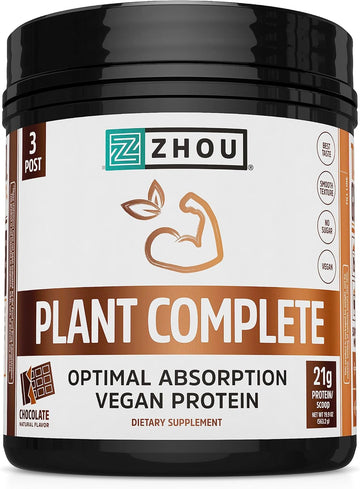 Zhou Nutrition Plant Based Vegan Protein Powder, Best Absorption Digest Score, Complete Amino Acid Profile, Dairy Free, Soy Free, Gluten Free, Sugar Free, Chocolate, 21G Protein, 16 Servings