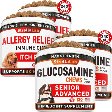 Allergy Relief + Senior Advanced Glucosamine For Dogs Bundle - Itchy Skin + Hip & Joint Pain Relief - Omega 3 & Pumpkin + Chondroitin, Msm - Allergy Supplement, Hotspot Relief - 480Ct - Made In Usa