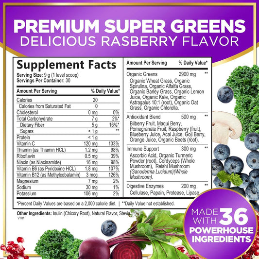 Super Green Powder Superfood - Spirulina, Chlorella & Digestive Enzymes, Red & Greens Powder, 20+ Amazing Superfoods Support Energy & Digestion, Antioxidant Green Blend, Vegan & Non-Gmo - 30 Servings