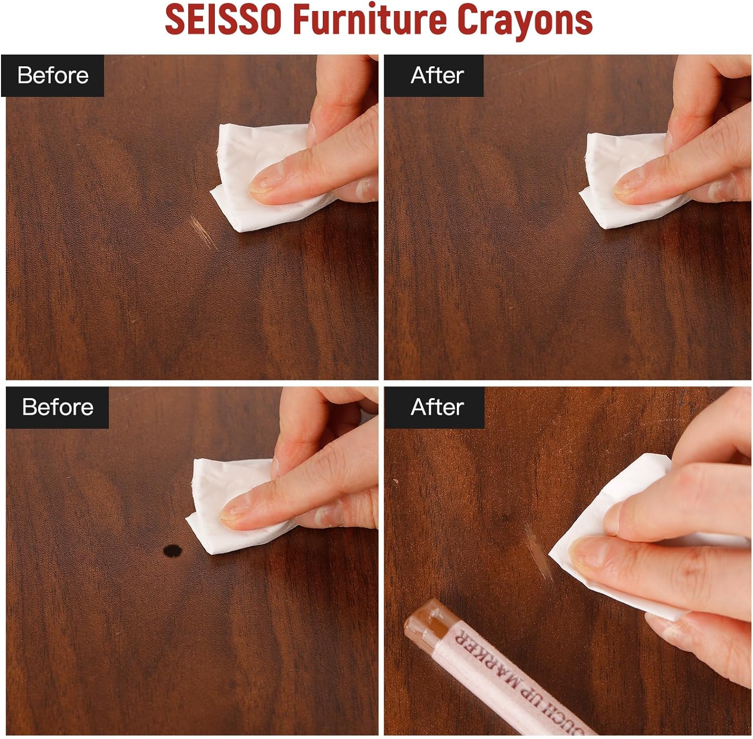 SEISSO Furniture Repair Crayon, 6 Pcs - Wood Filler Sticks, Scratch Repair Wax, Furniture Marking Repair - Scratch, Hole, Table, Wood Floor, Guitar, Covering, Instrument Fill Sticks -Red Cherry : Tools & Home Improvement