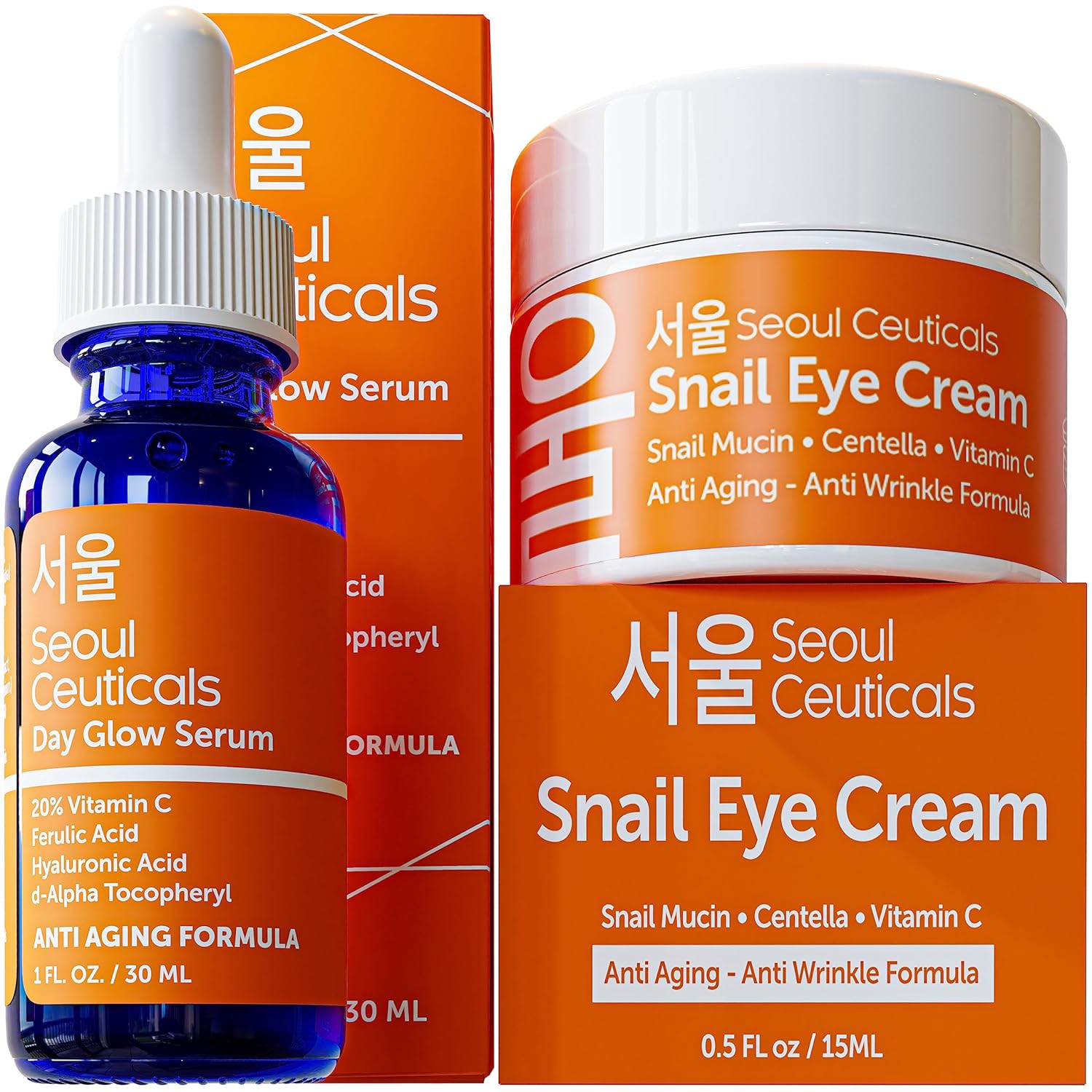 Korean Vitamin C Serum + 97.5% Snail Mucin Eye Cream Set For Glowing Skin & Youthful Eyes