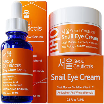 Korean Vitamin C Serum + 97.5% Snail Mucin Eye Cream Set For Glowing Skin & Youthful Eyes