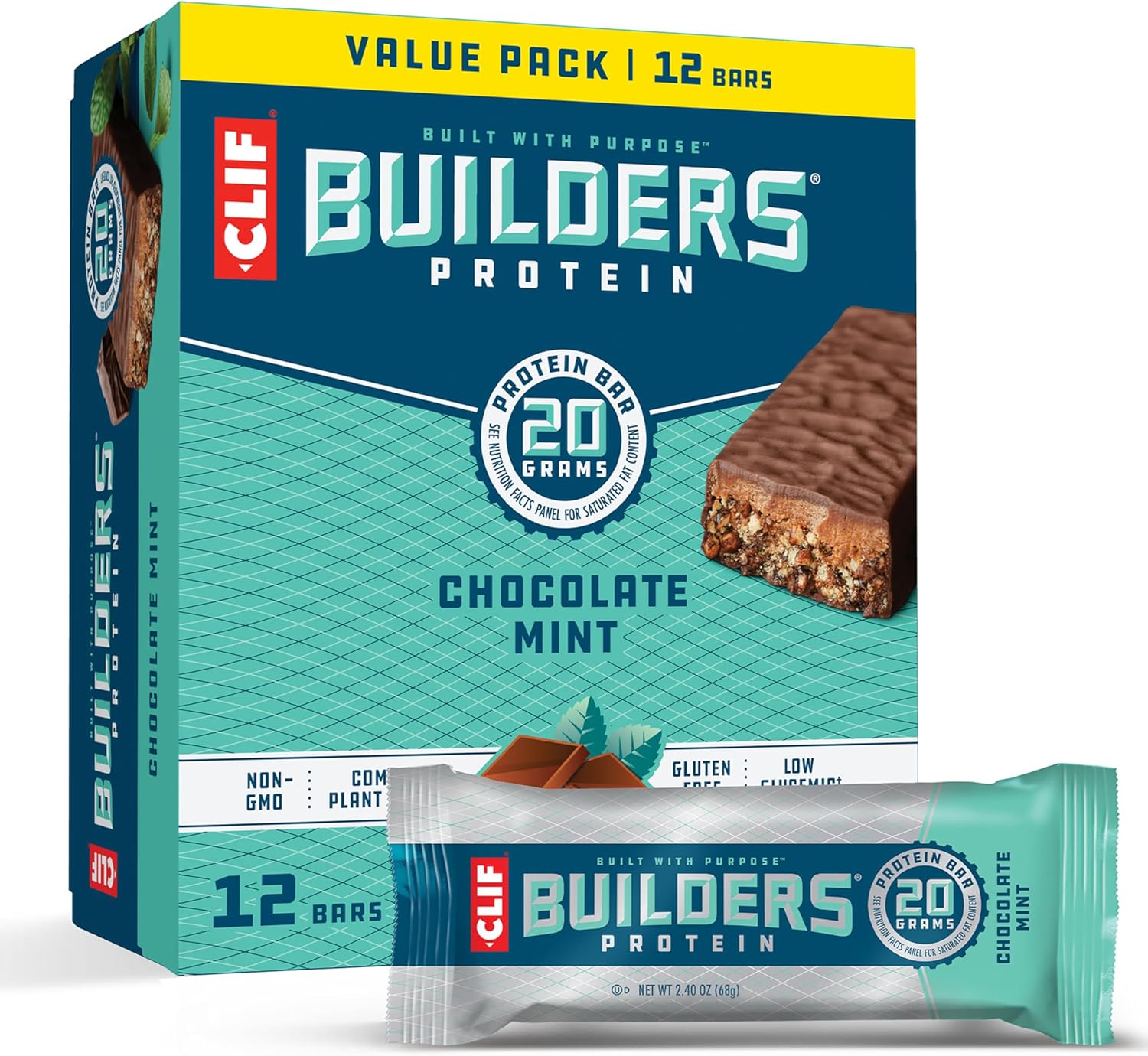 Clif Builders - Chocolate Mint Flavor - Plant Based Protein Bars - Gluten Free - Non-Gmo - Low Glycemic - 20G Protein - 2.4 Oz. (12 Pack)