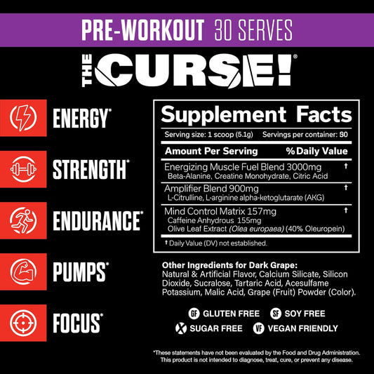 Jnx Sports The Curse! Pre Workout Powder For Men & Women, Caffeine, Beta-Alanine, Creatine, L-Citrulline, 30 Servings, Blue Raspberry Flavor – Boost Energy, Strength & Focus