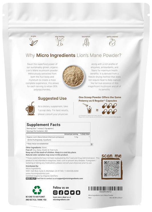 Micro Ingredients Organic Lions Mane Mushroom Supplement Powder, 16 Ounce | Nootropic for Mental Clarity Energy & Immune Support | Non-GMO Vegan