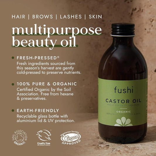 Fushi Organic Castor Oil 250Ml Glass Bottle 100% Pure Cold & Fresh-Pressed For Dry Skin & Hair Growth, Eyelashes & Eyebrows Hexane Free Natural Food-Grade Sustainably Sourced
