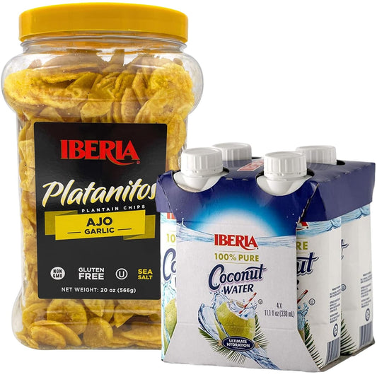 Iberia Garlic Plantain Chips, 20 Oz. + Iberia 100% Natural Coconut Water 11.1 Oz (Pack Of 4)