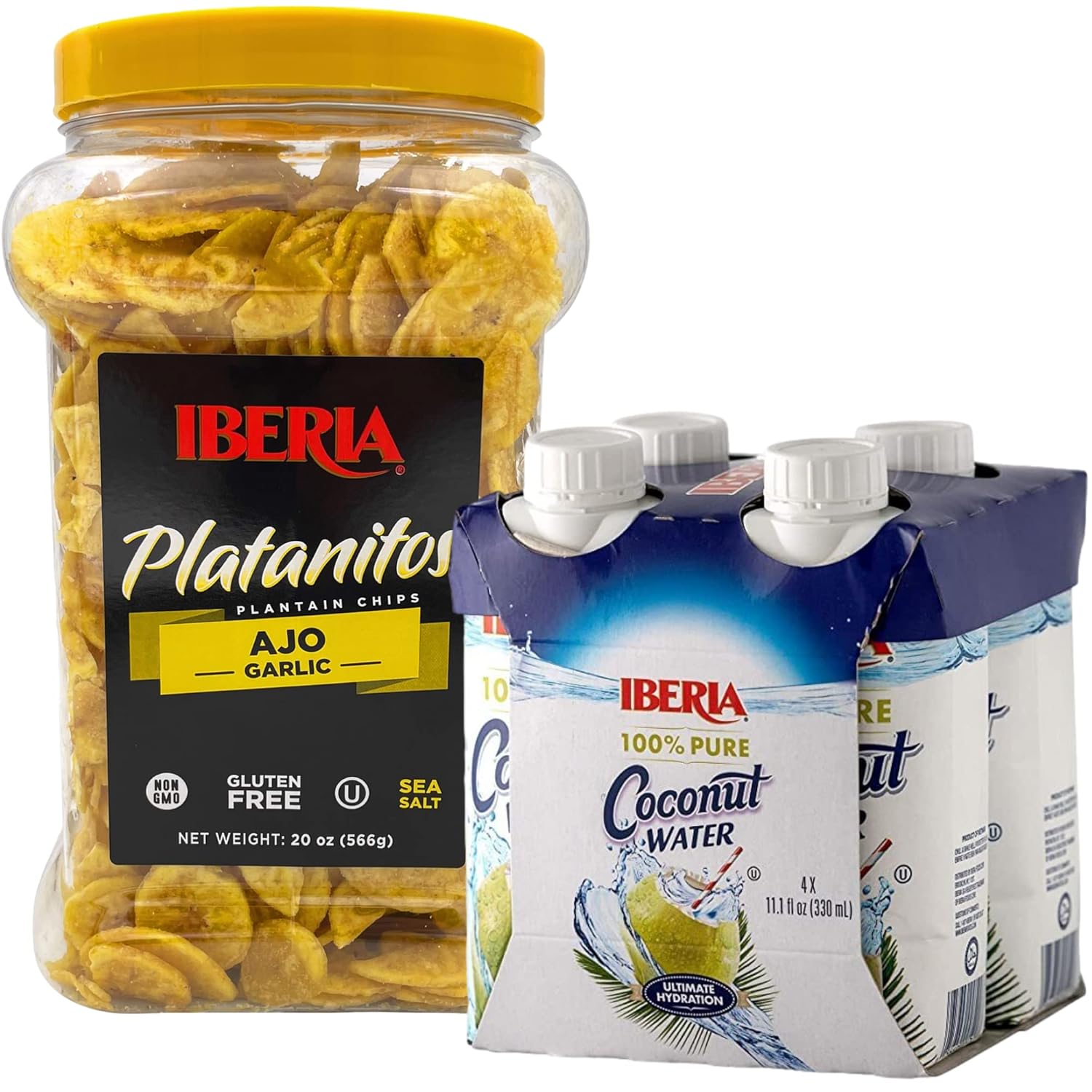 Iberia Garlic Plantain Chips, 20 Oz. + Iberia 100% Natural Coconut Water 11.1 Oz (Pack Of 4)