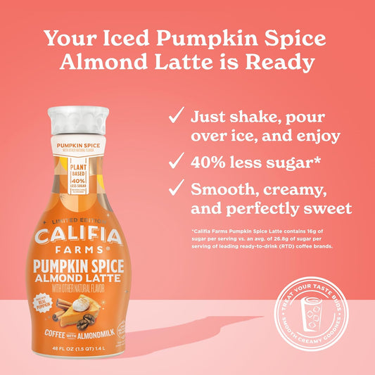 Califia Farms - Pumpkin Spice Latte Cold Brew Coffee With Almond Milk, 48 Oz, 100% Arabica, Dairy Free, Plant Based, Vegan, Gluten Free, Non Gmo, Iced Coffee