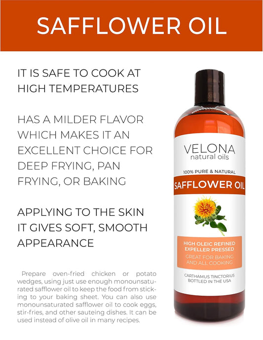 velona Safflower Oil 16 oz | 100% Pure and Natural Carrier Oil | Refined, Expeller Pressed | Cooking, Skin, Hair, Body & Face Moisturizing | Use Today - Enjoy Results