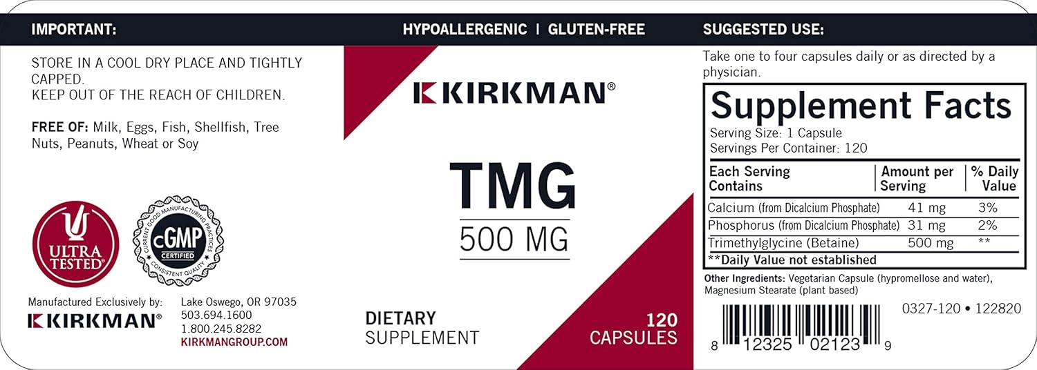 Kirkman TMG 500 mg - Hypoallergenic | 120 Vegetarian Capsules | Trimethylglycine | Gluten Free | Casein Free : Health & Household