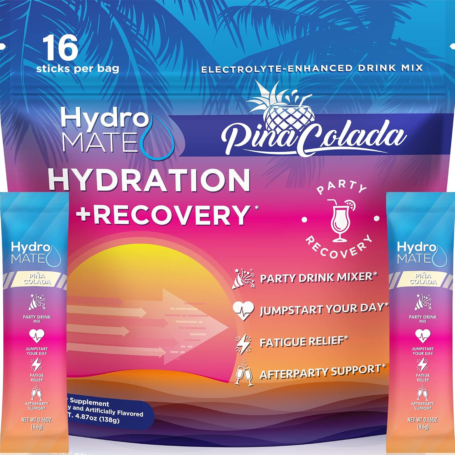 Natureworks Hydromate Electrolytes Powder Packets Pineapple Hydration Accelerator Low Sugar Party Favors For Recovery Tropical Piña Colada 16 Sticks