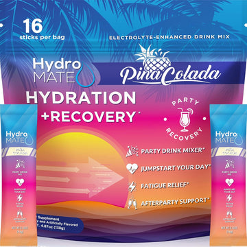 Natureworks Hydromate Electrolytes Powder Packets Pineapple Hydration Accelerator Low Sugar Party Favors For Recovery Tropical Piña Colada 16 Sticks