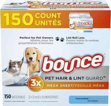 Bounce Pet Hair And Lint Guard Mega Fabric Softener Dryer Sheets With 3X Pet Hair Fighters, Unscented, 150 Count