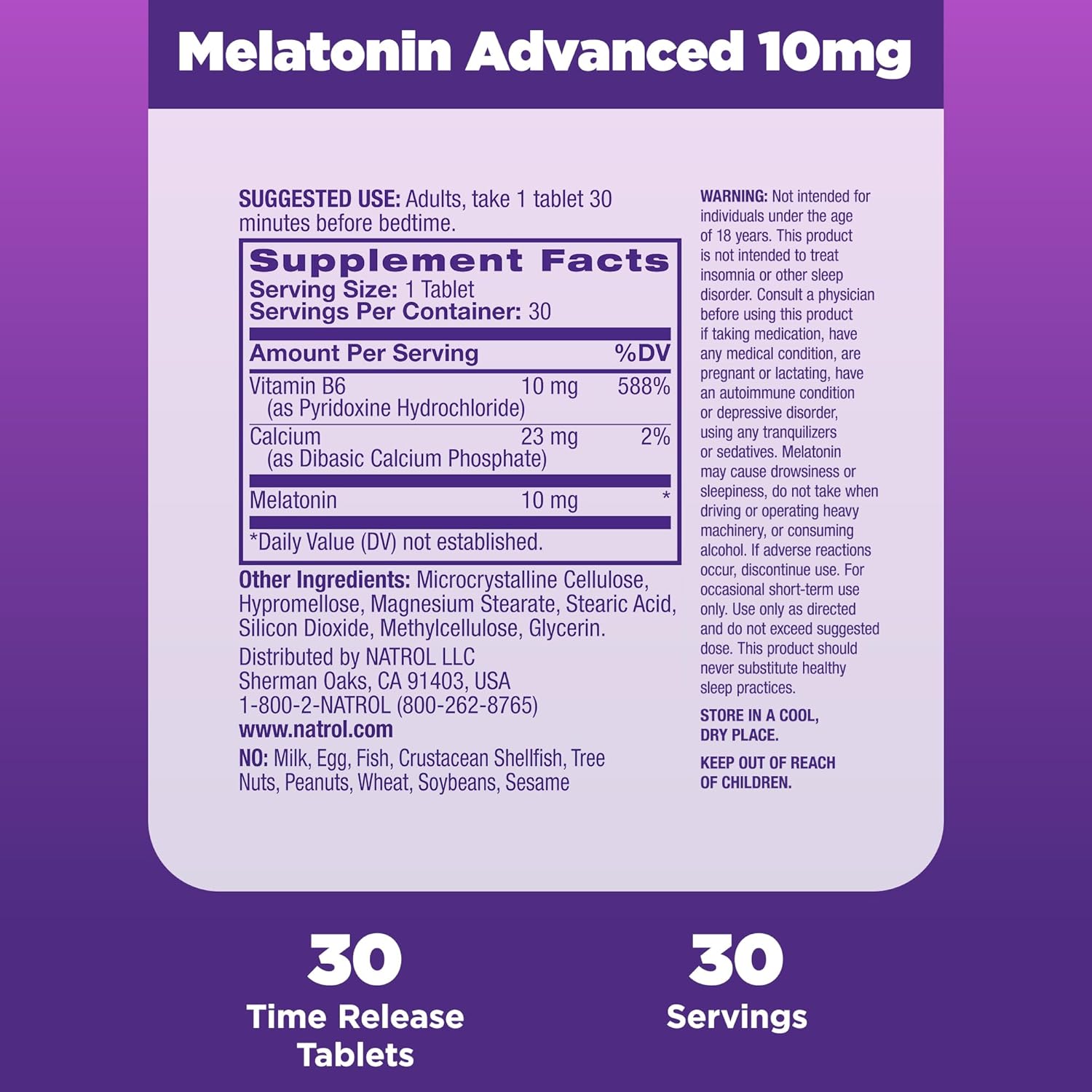 Natrol Melatonin Advanced Sleep Tablets with Vitamin B6, Helps You Fall Asleep Faster, Stay Asleep Longer, 2-Layer Controlled Release, 100% Drug-Free, Maximum Strength, 10mg, 30 Count : Health & Household