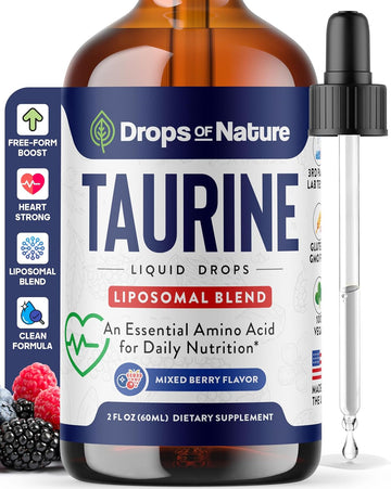 Taurine Supplement Liquid Drops – Vegan Alternative To Capsules & Powder – Complements Glycine And L'Theanine – Free-Form Amino Acids Supplement For Heart Wellness, Energy & Focus (Mixed Berry, 60 Ml)