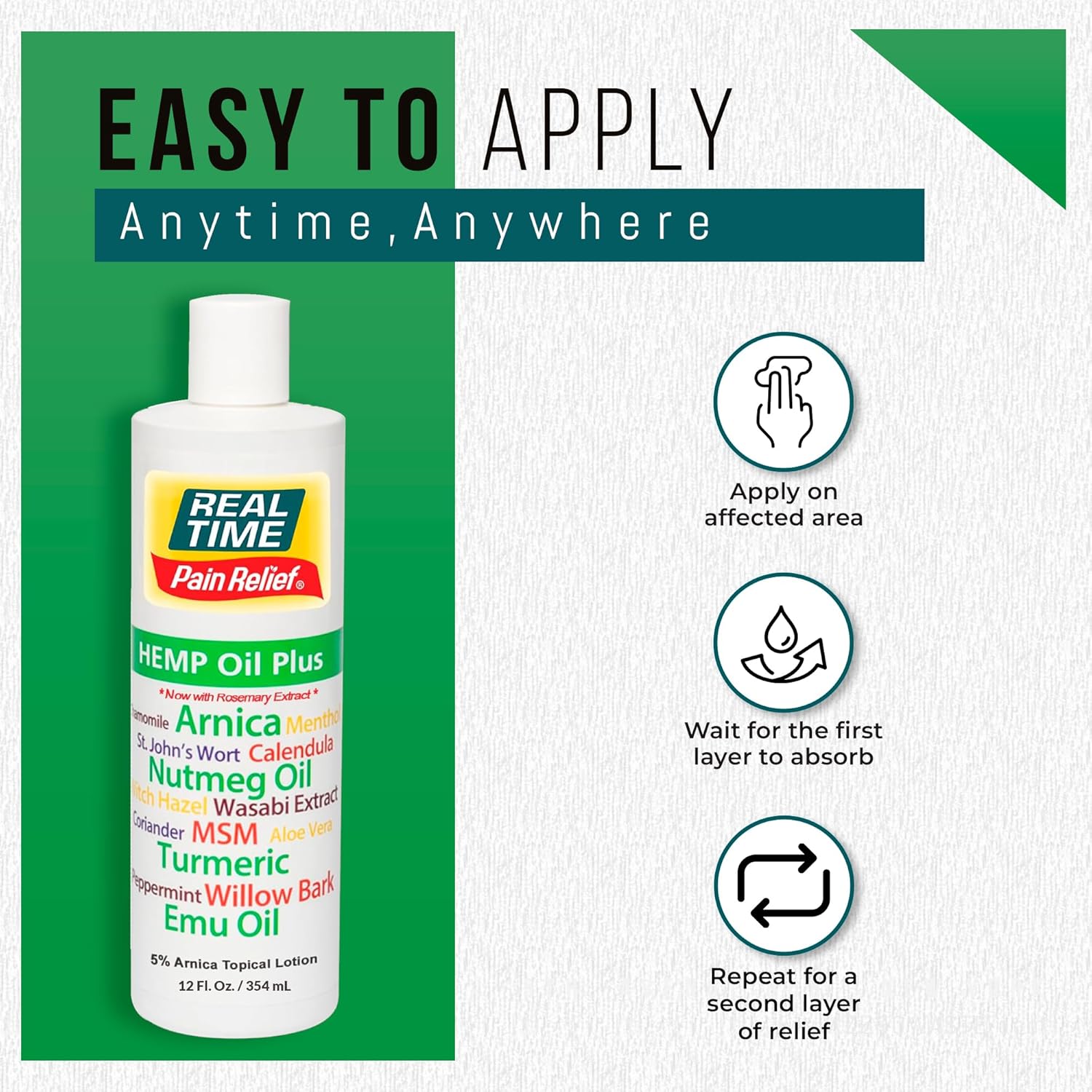 Real Time Pain Relief Hemp Oil Plus 12Oz Bottle | 20 Natural Ingredients: 5% Arnica & Rosemary | Fast Absorbing Lotion For Muscles, Hands, Feet, Ankle, Back, Shoulder, Knees & Joint Pain Discomfort : Health & Household