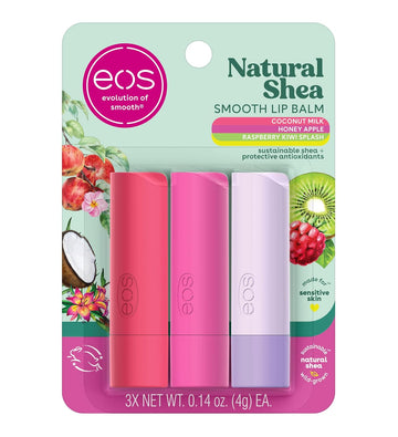 eos Natural Shea Lip Balm, Honey Apple, Coconut Milk & Raspberry Kiwi Splash, All-Day Moisture, Lip Care Products, 0.14 oz, 3-Pack