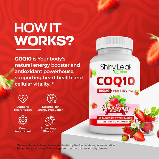 Shiny Leaf Coq10 100Mg - Chewable Coq10 Supplement - Coenzyme Q10 For Heart Health & Energy - Natural Co Q 10 Supplement For Cardiovascular Wellness - 100Mg Chewable Tablets, 60 Tablets, Made In Usa