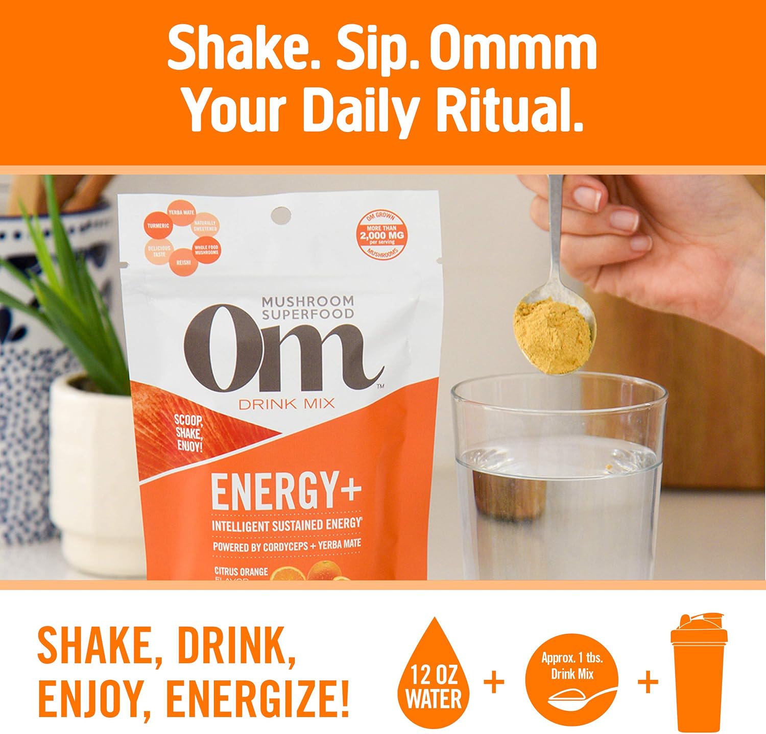 OM Mushroom Superfood Energy Plus Mushroom Powder Drink Mix, Citrus Orange, 4 Ounce, 18 Servings, Mushroom Blend, Cordyceps, Yerba Mate, Tumeric, Vitamin B Complex, Pre-Workout, Immune Supplement : Grocery & Gourmet Food