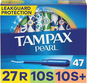 Tampax Pearl Tampons Multi Pack, with LeakGuard Braid, Regular/Super/Super Plus Absorbency, Unscented, 47 Count