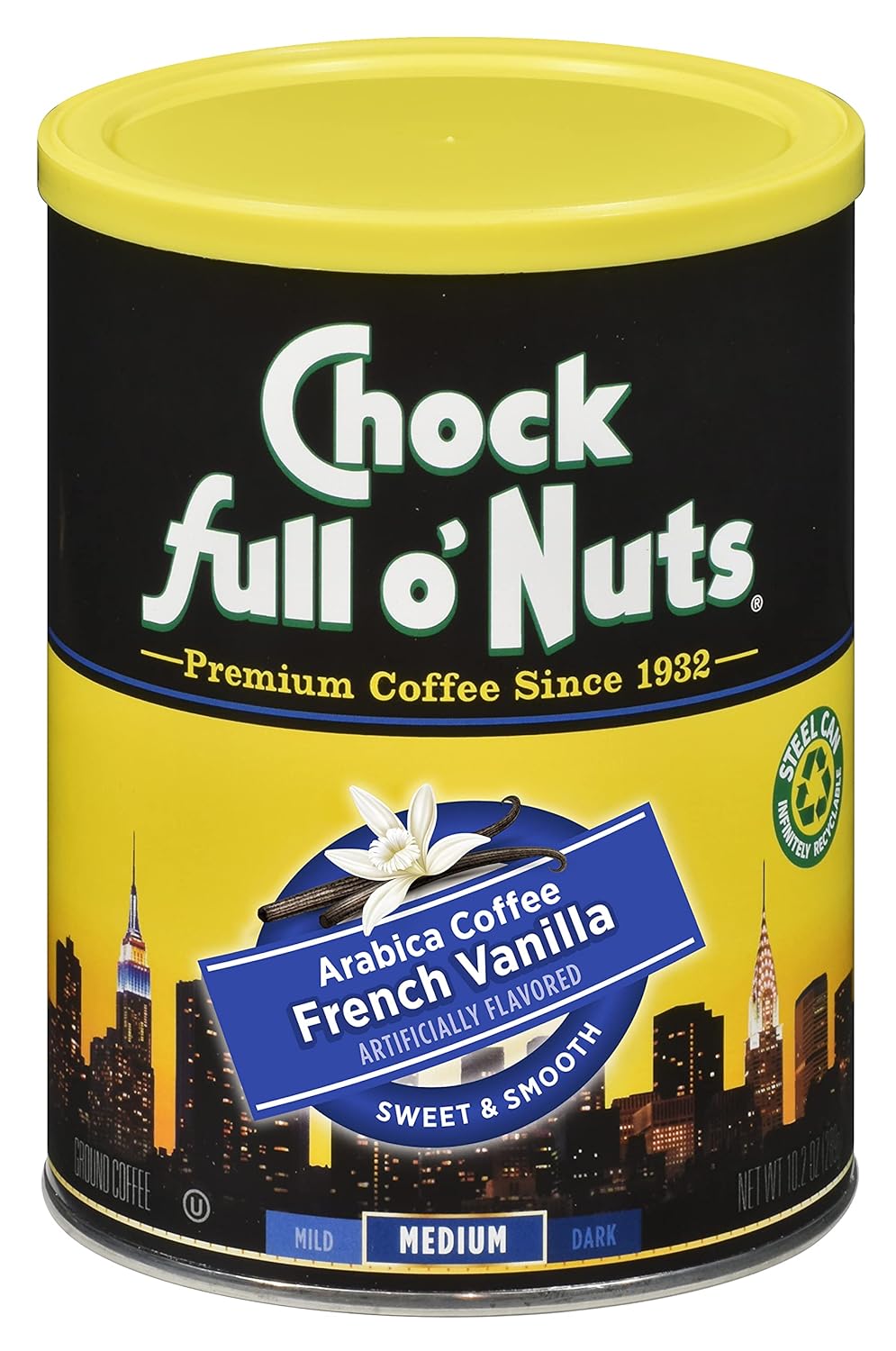 Chock Full o’Nuts French Vanilla Roast, Medium Roast Ground Coffee, Sweet and Delicious with an Inviting Aroma and Rich, Vanilla Flavor (10.2 Oz. Can)