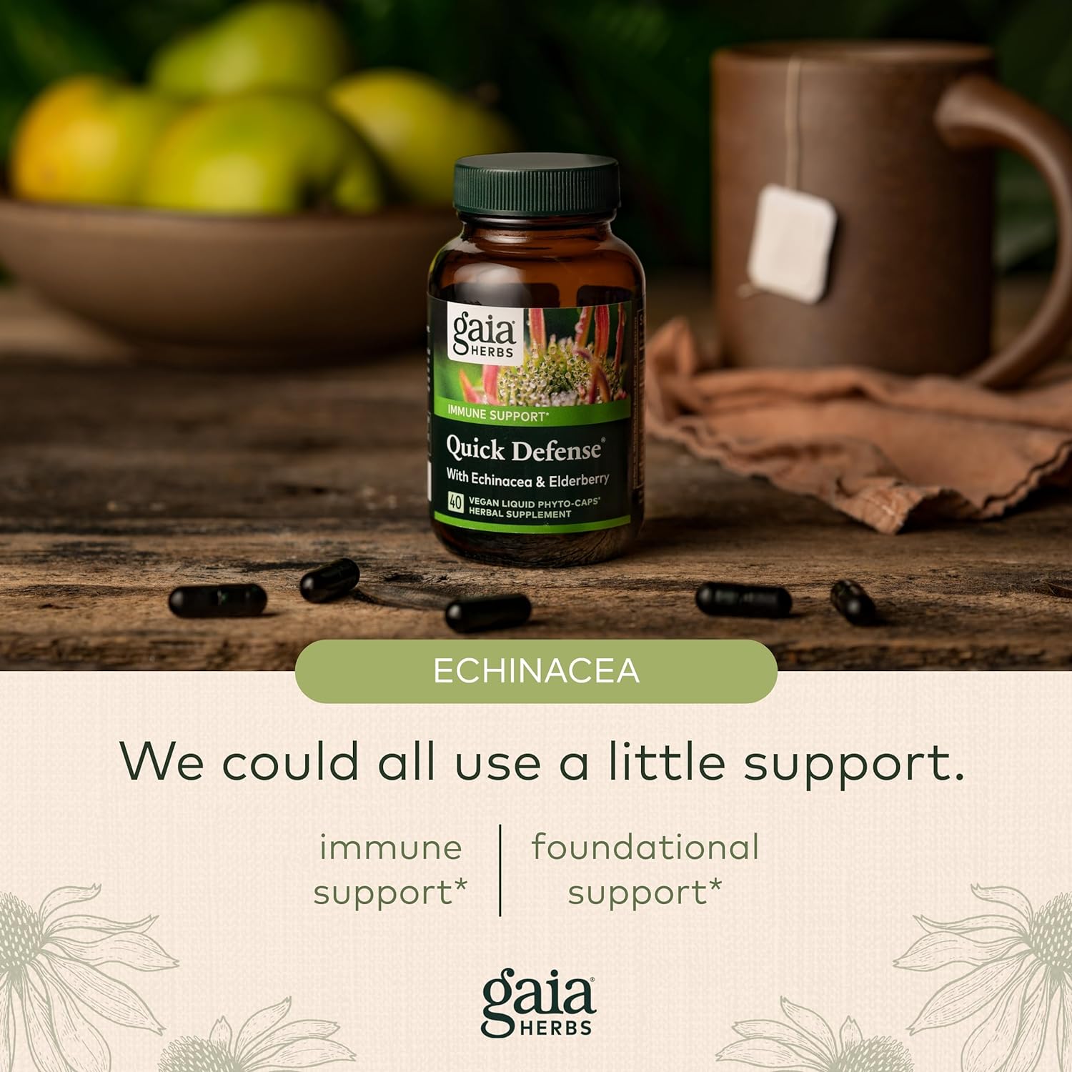 Gaia Herbs Quick Defense - Fast-Acting Immune Support Supplement for Use at Onset of Symptoms - with Echinacea, Black Elderberry, Ginger & Andrographis - 40 Vegan Liquid Phyto-Capsules (4-Day Supply) : Health & Household