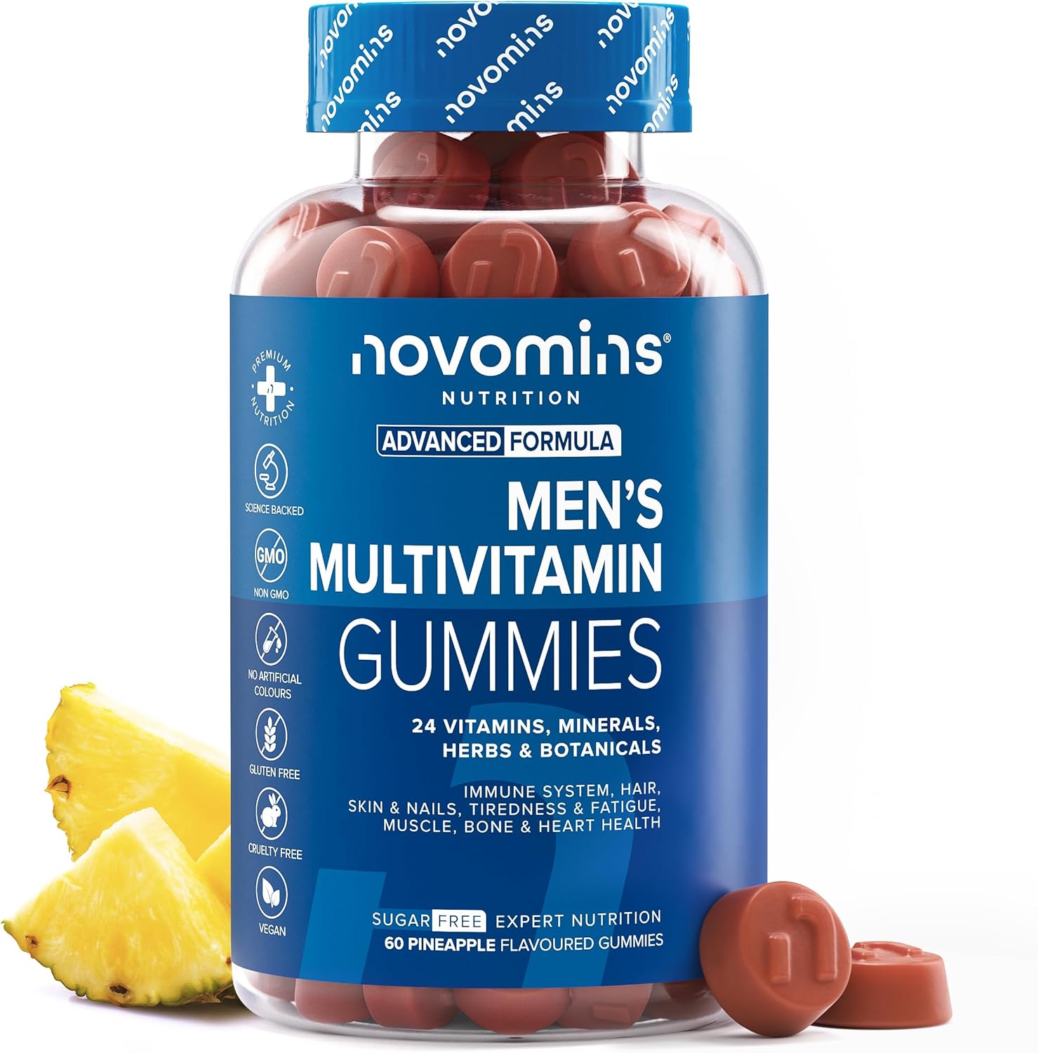 Mens Multivitamin Gummies - 24 Essential Multi Vitamins For Men - 1 Month Supply Mens Vitamins - Immune Support, Metabolism, Bone & Muscle Health - Multivitamin Gummies For Men – 60 Count - Novomins