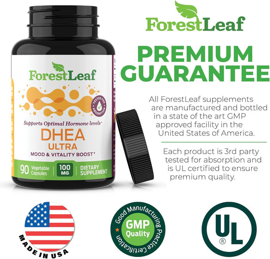 Forest Leaf - Dhea 100Mg Daily Hormone Supplement For Women & Men - Pure Dhea Pills To Support Healthy Metabolism, Mood, Physical Performance, Brain, Immune Function & Energy - 90 Veg Capsules