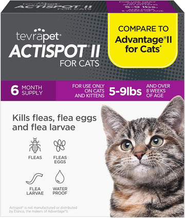 TevraPet Actispot II Flea Treatment for Small and Medium Cats 5-9 lbs | 6 Doses | Powerful Prevention and Control, Clear