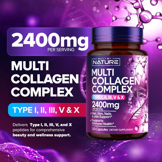 Built By Nature Collagen Pills – Multi Collagen Peptides Complex Supplement For Women – Type I, Ii, Iii, V, X For Hair, Skin, Nails, Joints & Bone Health - Hydrolyzed, Grass-Fed - 120 Capsules
