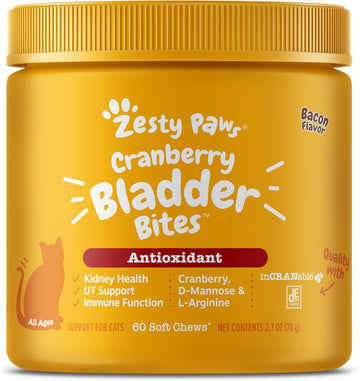 Zesty Paws Cranberry Urinary Track Bites For Cats - Kidney & Urinary Tract Health - Soft Chews With D-Mannose, Vitamin B6 & L-Arginine - Immune & Gut Support - Bacon - 60 Count