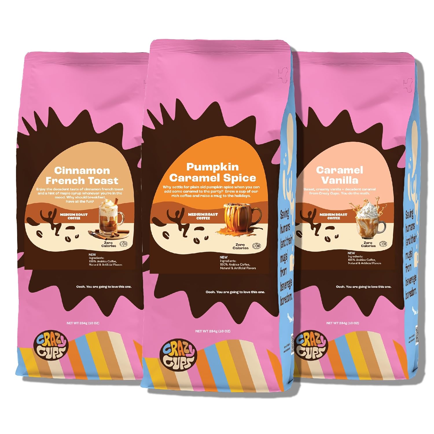 Crazy Cups Flavored Ground Coffee Variety Pack, Includes Cinnamon French Toast, Caramel Vanilla, Pumpkin Caramel Spice, In 10 Oz Bags, For Brewing Flavored Hot Or Iced Coffee, Variety 3 Pack