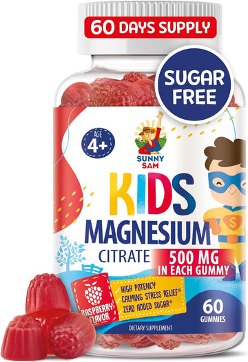 Sugar-Free Magnesium Gummies For Kids & Teens - 500Mg Calm Magnesium Citrate Gummies - Kids Magnesium Gummies - Chewable Magnesium Gummy Supplement - 60 Gummies