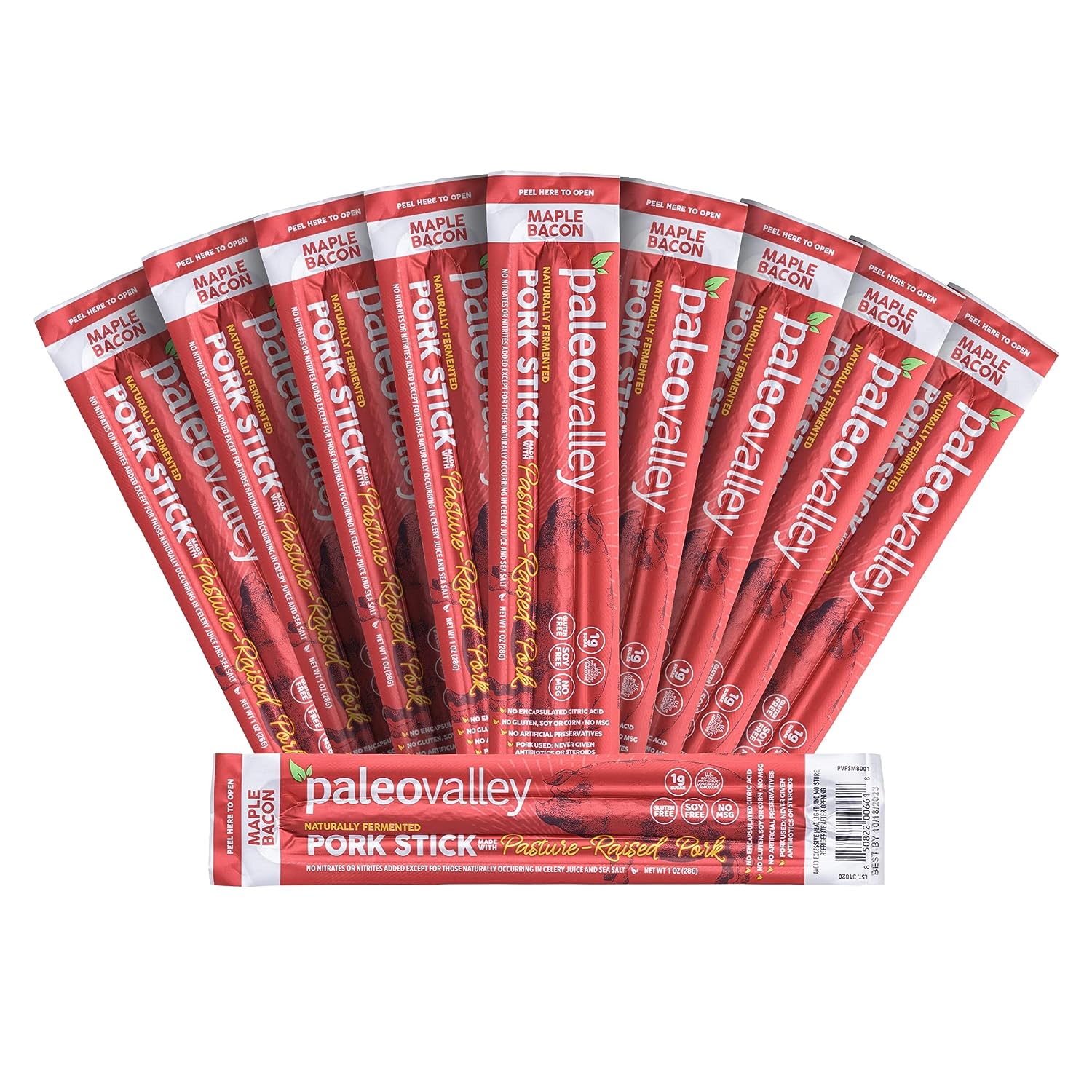 Paleovalley Pasture-Raised Pork Sticks - Maple Bacon Flavor Meat Sticks Individually Wrapped, 28g - 10 Sticks - Gluten-Free Protein Snack